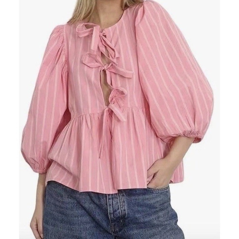 Tie Front Puff Sleeve Blouse Peplum Babydoll Shirt Pink Striped Large C968